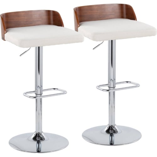 Maya Adjustable Swivel Bar Stool in Chrome, Walnut Wood & Cream Fabric (Set of 2)